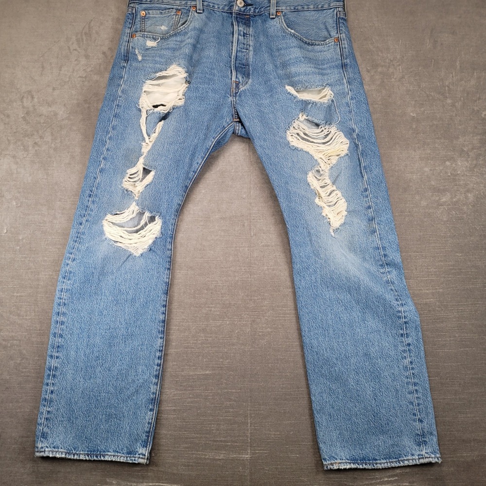 Levis 501 Mens Distressed Straight Leg Jeans Blue Denim W38 L30 Button Fly